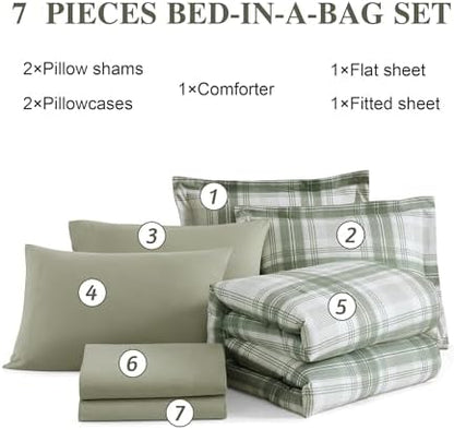 Plaid Queen Comforter Set Green 7 Pieces Bed in a Bag for Boys Girls Teen