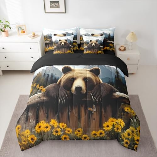 Erosebridal 7 Pcs Bear Comforter Set Woodland Rustic Cabin Bed in A Bag for Kids Nature Wild Animal Bedding Sets Queen Forest Hunting Country Sheet Set with Comforter Jungle Floral Mountain Decor