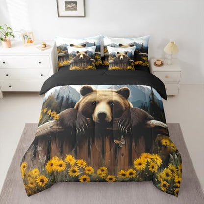 Erosebridal 7 Pcs Bear Comforter Set Woodland Rustic Cabin Bed in A Bag for Kids Nature Wild Animal Bedding Sets Queen Forest Hunting Country Sheet Set with Comforter Jungle Floral Mountain Decor