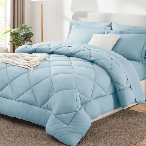 CozyLux Queen Comforter Set 88"x88" Light Blue - 7 Piece Bed in a Bag