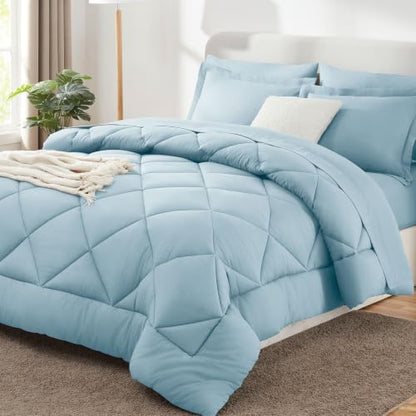 CozyLux Queen Comforter Set 88"x88" Light Blue - 7 Piece Bed in a Bag
