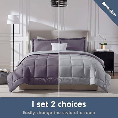 Nestl 9 Piece Queen Comforter Set – Grayish Purple Reversible Bed in a Bag – Complete Queen Size Bedding Set with Sheets, Set of 2 Cooling Pillows, Pillowcases and Shams