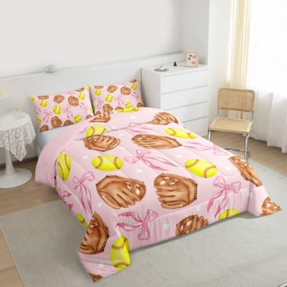Cartoon Baseball Bedding Sets King Size,Pink Silk Bow Print Comforter Set 3Pcs for Teens Adult Woman Men Room Decor,Coquette Little Star Quilted Duvet Brown Baseball Glove Down Comforter,2 Pillowcases