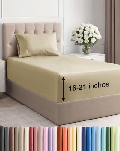 Extra Deep Pocket Twin XL Size Sheet Set - Breathable & Cooling - Beige