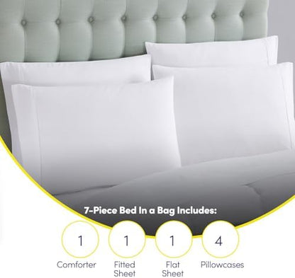 Sweet Home Collection 7 Piece Comforter Set Bag Solid Color All Season Soft Down Alternative Blanket & Luxurious Microfiber Bed Sheets, White, Queen