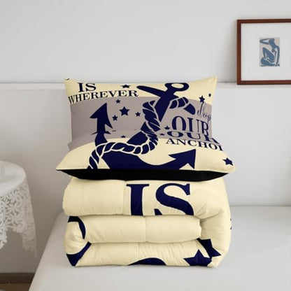 Navy Blue Anchor Comforter Set Full Ocean Nautical Bedding Set For Kids Boys Teen Men,Retro Yellow and Grey Geometric Stripe Comforter Coastal Marine Quilt Bedding Summer Soft Lightweight Duvet 3 Pcs