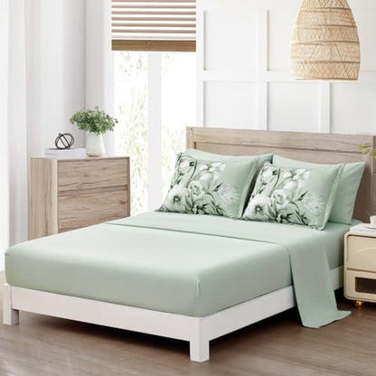 Luxudecor Floral Comforter Set Queen Size 7 Piece, Sage Green Flower Bed in a Bag, Elegant Floral Comforter with Sheet Set, Soft Seersucker Microfiber Bedding Set (Sage Green, 90"x90")