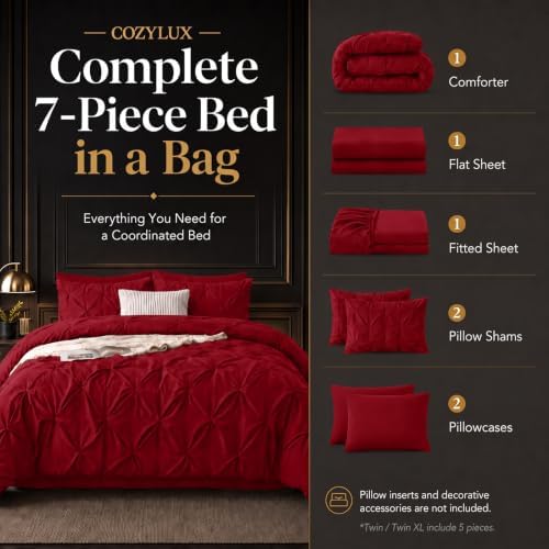 CozyLux Twin XL Comforter Set Dark Red, 5 Pieces Pintuck Bed in a Bag