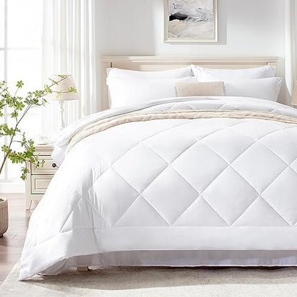 Love's cabin Twin Comforter Set White, 5 Pieces Twin Bed in a Bag, All Season Bedding Sets with 1 Comforter, 1 Flat Sheet, 1 Fitted Sheet, 1 Pillowcase and 1 Pillow Sham