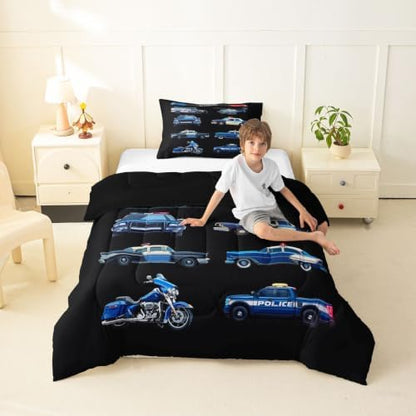 Feelyou Police Car Comforter Set Toddler Size Cartoon Car Bedding Set for Kids Boys Girls Policeman Vehicle Duvet Quilt Bedroom Decor Microfiber 2 Pcs with 1 Pillow Case
