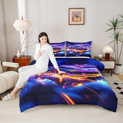 Erosebridal Blue Racing Car 3 Piece Bedding Set Full Size Extreme Sport Comforter Set with Pillowcases for Kids Boys Girls Teens Toddler Race Cars Bed Set,Blue Purple Black Soft Quilt