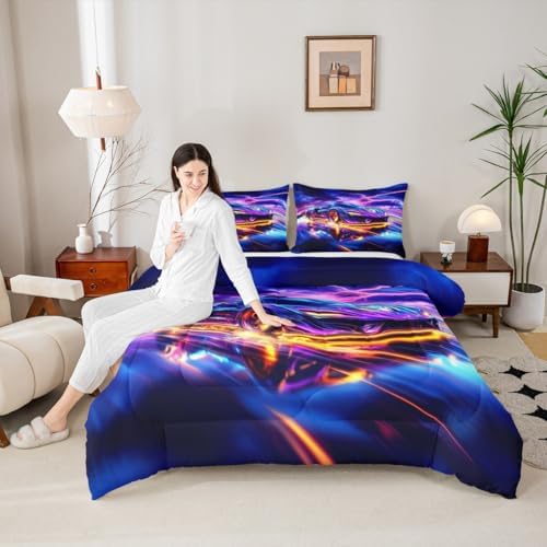 Erosebridal Blue Racing Car 3 Piece Bedding Set King Size Extreme Sport Comforter Set with Pillowcases for Kids Boys Girls Teens Toddler Race Cars Bed Set,Blue Purple Black Soft Quilt