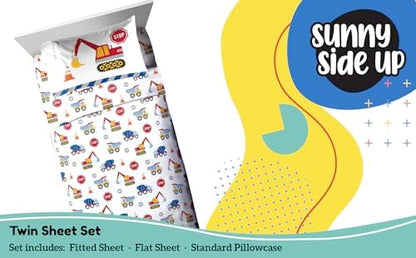 Sunny Side Up Construction Zone Twin Sheet Set - 3 Piece Kids Bedding Set Includes Pillow Cover - Super Soft Trucks Microfiber Sheets