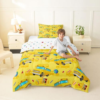 Feelyou School Bus Comforter Set Toddler Size Yellow Cartoon Truck Bedding Set for Kids Boys Girls Transport Vehicles Duvet Quilt Bedroom Decor Microfiber 2 Pcs with 1 Pillow Case