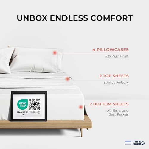 THREAD SPREAD 100% Egyptian Cotton Queen Size Sheet Set Pack of 2 - Luxury 1200 Series Plush Collection Egyptian Cotton Sheets Queen Size Silky Soft Cooling, Sateen 17" Deep Pocket Bedsheets - White