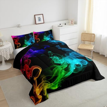 Erosebridal Psychedelic Smoke Comforter Set King,Rainbow Smoke Bedding Set Trippy Smoky Down Comforter for Kids Boys Girls Teens,Abstract Grunge Teal Blue Quilt Duvet Set Bedroom Decor 3 Pcs