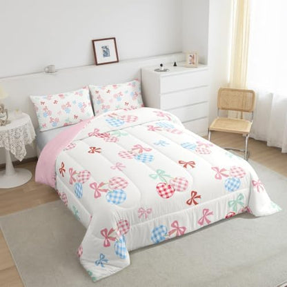 Girl Cherry Comforter Set Queen Size,Cute Bowknot Bedding Sets for Kids Boys Teens Adult Room Decor,Pink Blue Check Fruit Down Comforter White Princess Style Reversible Quilt Set,2 Pillowcases