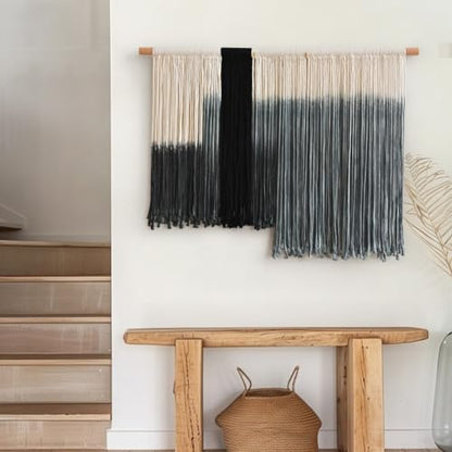 Macrame Wall Hanging Grey Dip Dye Boho Fiber Art for Bedroom 27"W x 19"L