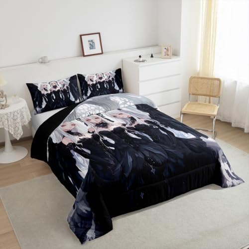 Erosebridal Japanese Anime Twin Size Comforter Set, Anime Girl Bedding Set Kawaii Japanese Style Quilt Cartoon Japan Animation Duvet Insert for Boys Teens Adult Women Bedroom Decor, Black