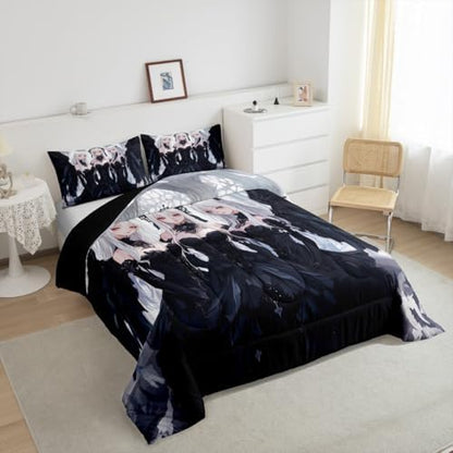Erosebridal Japanese Anime Twin Size Comforter Set, Anime Girl Bedding Set Kawaii Japanese Style Quilt Cartoon Japan Animation Duvet Insert for Boys Teens Adult Women Bedroom Decor, Black