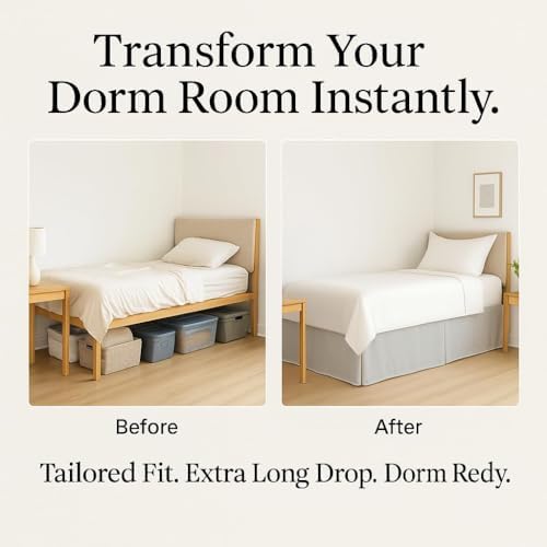 eBeddy Linens Split Corner Dorm Bed Skirt Twin XL – 42 Inch Drop, 100% Microfiber, Extra Long Bed Skirt for College Dorm, Platform Style, Silver Grey Solid, Hidden Storage Solution, Easy Fit