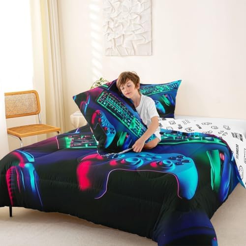 Feelyou Gamer Comforter Set All Season Gaming Bedding Set with 2 Pillow Cases Game Room Decor Microfiber Kids King Bedclothes Gamepad Bedroom Decor Green Duvet Quilt Breathable Soft Lightweight
