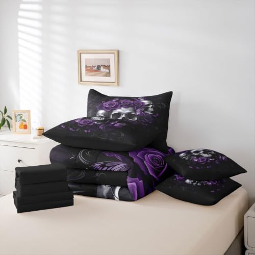Feelyou Gothic Skull Comforter Set with Sheets 7 Piece Twin Size Halloween Goth Bedding SetKids Vintage Victorian Romantic Purple Rose Bed in a Bag Room Decor Soft Lightweight Microfiber