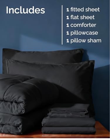 Twin Comforter Set - 5 Piece Bed in a Bag Twin Size Bed Set, Soft - Black