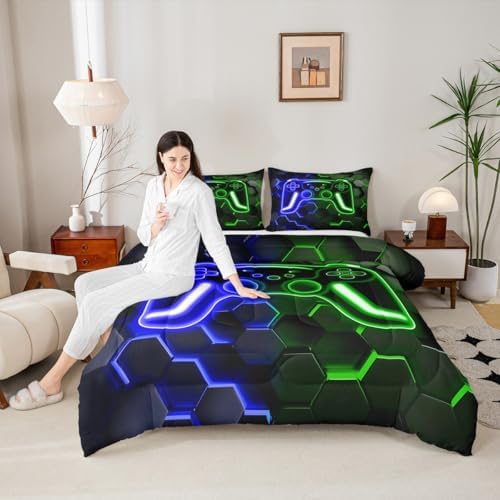 Erosebridal Gamer Comforter Set Neon Honeycomb Gaming King Bedding Set, Video Game Console Comforter Blue Green Hexagon Lights Duvet Insert,Kids Room Decor