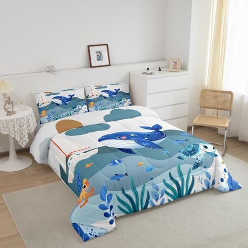 Homewish Cute Whale Comforter Set King Size,Cartoon Ocean Animals Bedding Set for Kids Girls Boys Teens Room Decor,Blue White Grey Stripes Quilt Set Turtle Octopus Fish Duvet Insert,2 Pillowcases