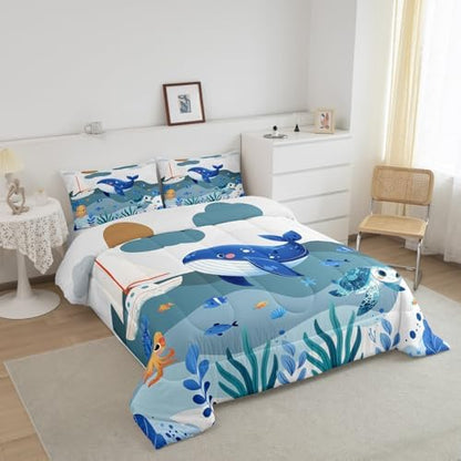 Homewish Cute Whale Comforter Set King Size,Cartoon Ocean Animals Bedding Set for Kids Girls Boys Teens Room Decor,Blue White Grey Stripes Quilt Set Turtle Octopus Fish Duvet Insert,2 Pillowcases