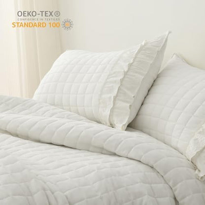 HORIMOTE HOME Ivory Ruffled Quilt Set Twin Size, Classic Geometric Square Stitched Pattern, Pre-Washed Farmhouse Shabby Chic Microfiber Lightweight Bedding Set Bedspread Coverlet for All Season