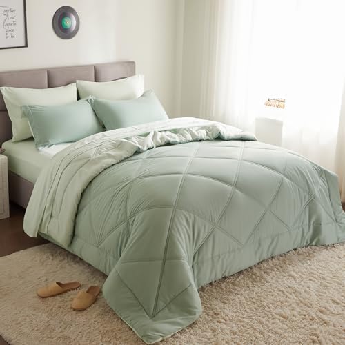 Joiedomi California King Comforter Set with Sheets Sage Green, 7 Pieces Bedding Set with 1 Down Alternative Comforter, 1 Flat Sheet, 1 Fitted Sheet, 2 Pillowcases and 2 Pillow Shams, Bed in a Bag
