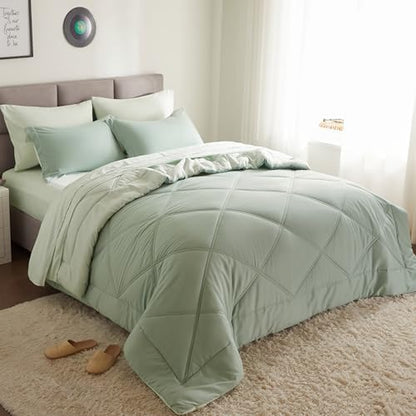 Joiedomi Queen Comforter Set with Sheets Sage Green, 7 Pieces Queen Bed Set with 1 Down Alternative Comforter, 1 Flat Sheet, 1 Fitted Sheet, 2 Pillowcases and 2 Pillow Shams, Bed in a Bag All Seasons