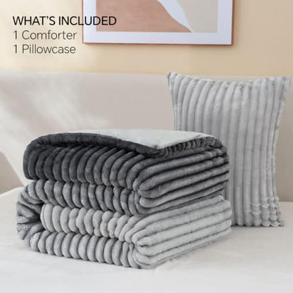 BEDELITE Fleece Twin/Twin XL Comforter Set, Fluffy Bed Set, Grey Ombre