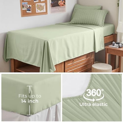 HYMOKEGE Light Green Twin Comforter Set Seersucker 5 Pieces, All Season Luxury Bed in a Bag for Bedroom, Bedding Set with Comforters, Sheets, Pillowcase & Shams