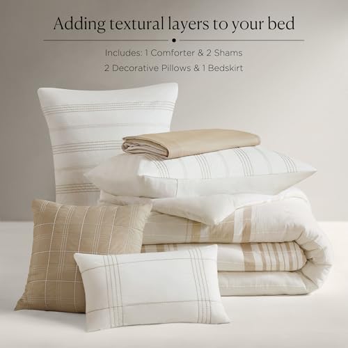 Harbor House Queen Comforter Set, Stripes Clipped Jacquard, Soft Cotton Oversized Comforter for a Queen-Size Bed, Farmhouse Bedding, 2 Shams, Bedskirt, 2 Décor Pillows, Morgan, Queen Ivory/Taupe