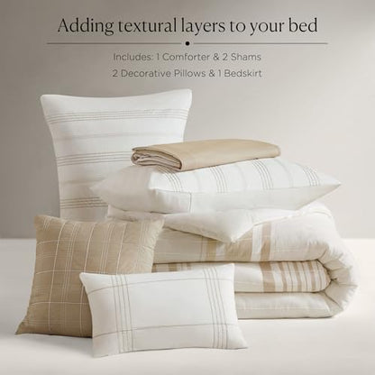 Harbor House Cal King Comforter Set, Stripes Clipped Jacquard, Cotton Oversized Comforter for a Cal King-Size Bed, Farmhouse Bedding, 2 Shams, Bedskirt, 2 Décor Pillows, Morgan, Cal King Ivory/Taupe