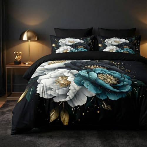 CCoutueChen Kids Vintage Floral Comforter Set Full Size, Teal White Botanical Flowers Bedding Set for Girls, 3 Pieces Gold Accent Luxury Soft Microfiber Bed Sets with 2 Pillowcases, 79"x90"