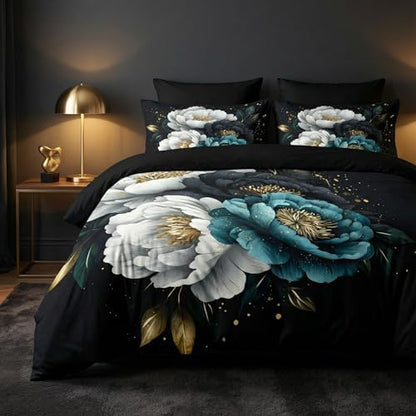 CCoutueChen Kids Vintage Floral Comforter Set Full Size, Teal White Botanical Flowers Bedding Set for Girls, 3 Pieces Gold Accent Luxury Soft Microfiber Bed Sets with 2 Pillowcases, 79"x90"