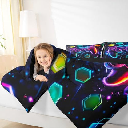 Castle Fairy Boys Gaming Reversible Comforter Set Queen Size,Video Games Gamepad Print Bedding Set Gamer Room Decor,Space Galaxy Glow Neon Hexagon Polyester Duvet Set with 2 Pillowcases (Purple Blue)