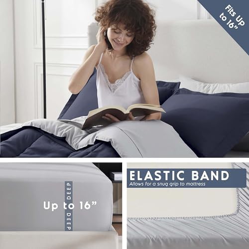 Nestl 9 Piece Queen Comforter Set – Navy Reversible Bed in a Bag – Complete Queen Size Bedding Set with Sheets, Set of 2 Down Alternative Pillows, Pillowcases and Shams