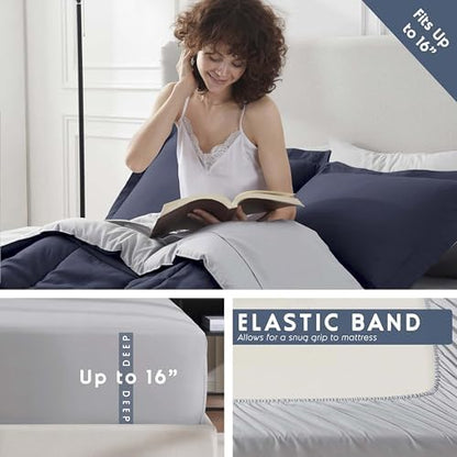 Nestl 9 Piece Queen Comforter Set – Navy Reversible Bed in a Bag – Complete Queen Size Bedding Set with Sheets, Set of 2 Down Alternative Pillows, Pillowcases and Shams