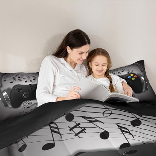 Gamer Comforter Set Queen Size,Black Grey Headphones Musical Design Games Gamepad Bedding Set for Kids Boys Video Game Room Decor Retro Playing Gamer Down Comforter Gaming Controller Quilted Duvet Set