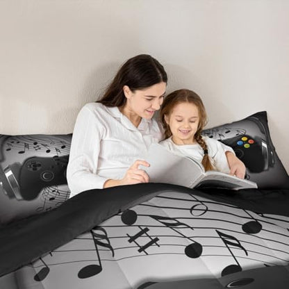 Gamer Comforter Set Queen Size,Black Grey Headphones Musical Design Games Gamepad Bedding Set for Kids Boys Video Game Room Decor Retro Playing Gamer Down Comforter Gaming Controller Quilted Duvet Set
