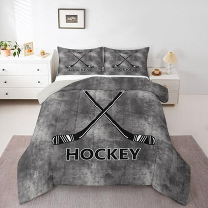Ice Hockey Comforter Set King Size,Vintage Gray Tie Dye Bedding Set 3pcs for Kids Boys Men Room Decor,Black Hockey Punk Quilt Set Winter Ball Sports Game Duvet Insert,2 Pillowcases