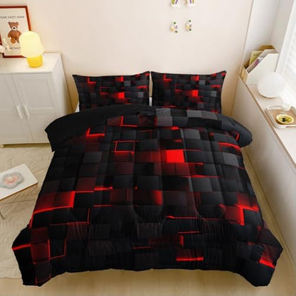 Nttopship Neon Red Black Comforter Set King Geometric Kids Bedding Set,3 PCS Geometry Honeycomb Bed Set Modern Quilt Set 1 Comforter 2 Pillow Cases Cool Room Decor All Season B-Side Black