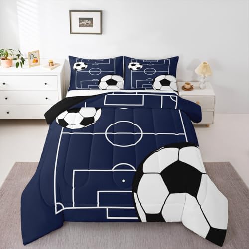 Kids Football Comforter Set Queen Size Soccer Ball Pattern White Comforter for Boys Girls Bedroom Sports Theme Bedding Set Football Court Duvet Set with 2 Pillowcases Breathable Polyester Quilt Set