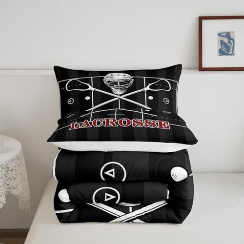 Manfei Lacrosse Comforter Set Twin Size, Sports Gaming Theme Quilt Set with 1 Pillowcase, White Lacrosse Player Bedding Set 2pcs for Kids Boys Teens Bedroom Decor