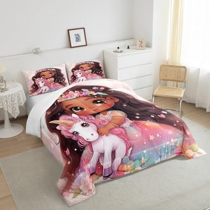 Manfei Princess Comforter Set Queen Size, Cute Girl Unicorn Down Comforter, Black Little Girl Floral Unicorn Bedding Set for Kids Bedroom Decor, American Style Girl Duvet Insert, 2 Pillowcases
